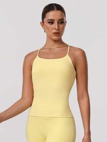 Sodalemon Women Cross Back Sleeveless Sport Training Run Padded High Support Outdoor Yoga Tank Top Summer - 黃色 - 查看 4