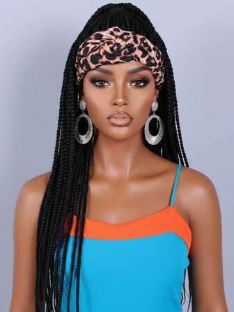 Ieopard Or Black Braid Headband Wig With Leopard Scarf 26 Inch Synthetic Wigs For Women Fashionable Easy To Manage Women Wig Headband
