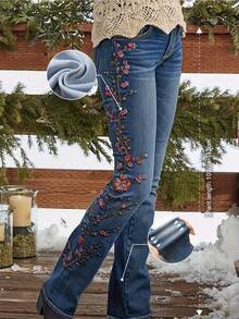 Ladies' Elegant Combination Denim Bell Bottom Pants, Decorated With Floral Embroidery, Suitable For All Seasons, Suitable For Daily Outings, Back To School Season, Rural Concerts