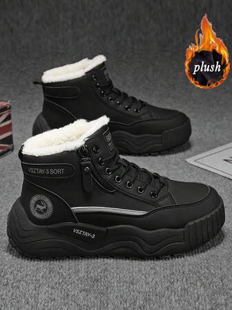 2025冬季新款男士高帮真皮保暖雪地靴，加厚鞋底，拉链/系带设计，高筒，户外中筒靴，街头时尚真皮鞋，摩托车骑行靴，黑色