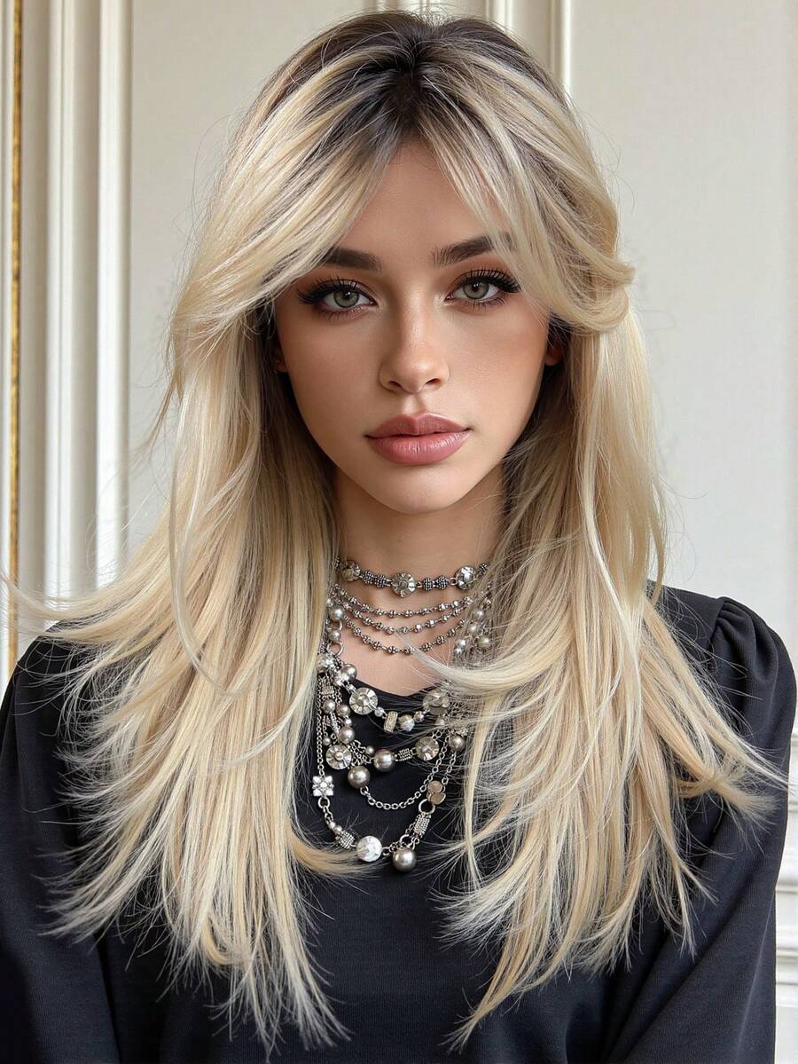 渐变蝴蝶22英寸长假发，合成刘海，100%进口化纤发丝，100%天然发丝，适合角色扮演、节日、Y2K、万圣节等场合。 - 漸層 - 查看 1