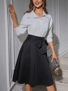 Elegant Women's Black A-Line Midi Skirt With Distinctive Bow Waist Detail, Made Of Non-Stretch Fabric For A Fitted Silhouette - Black - View 5