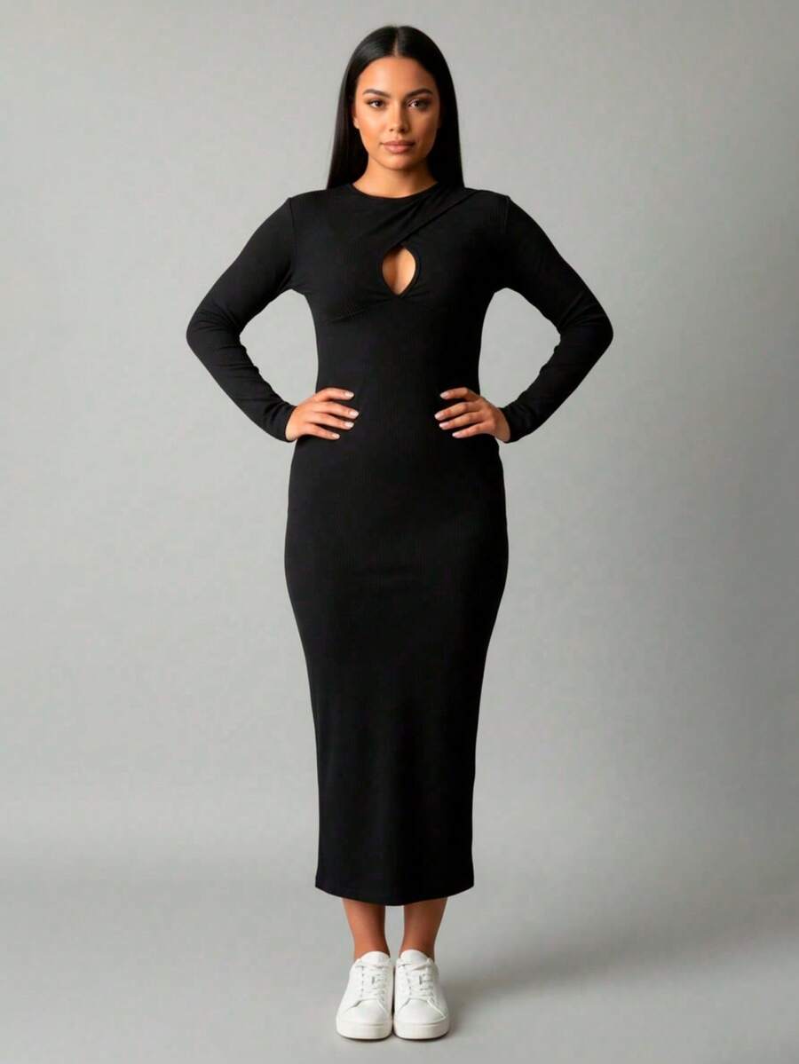 Women's Long Sleeve Midi Slit Drop Ribbed Winter Dress - 黑色 - 查看 1