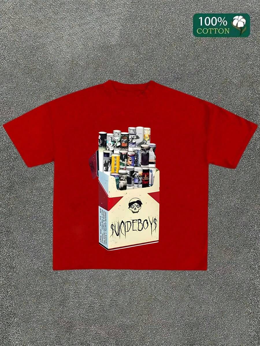 Uicideboy Cigarette Pack Graphic T Shirt, Graphic Tees, Summer Round Neck Short Men's T Shirt,Pure 220 Grams Cotton Sleeved T-Shirts, Halloween - 紅色 - 查看 1
