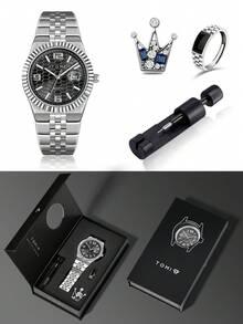 TOMI Men's Quartz Watch With Crown Brooch Ring, Stainless Steel Strap, Honeycomb Dial, Calendar, Suitable For Daily Life, Business Events, Father's Day, Valentine's Day, Christmas, Gift Set - Silver - View 11