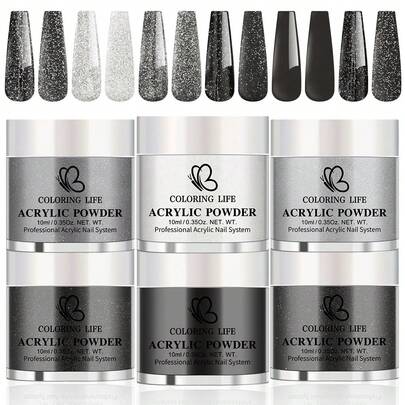 6pcs Acrylic Powder Set,White Black Silver Grey Pure Sparkle High Glossy Acrylic Powder Set,Nail DIY Art Design,6 Colors Acrylic Nail Art 3D Nail Sculpture French Nail Extension & Nail Carving,Professional Polymer 3D Acrylic Nail Art Kit,Gift For Women Girls,Long Lasting & Easy To Apply Acrylic Press On Nails