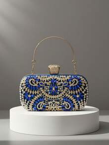 1pc Metal Handle Rhinestone Decor Evening Clutch Bag, Women's Gold Wedding Party Handbag, Chain Shoulder Bag, Compact Valentine's Day Gift - Blue - View 3