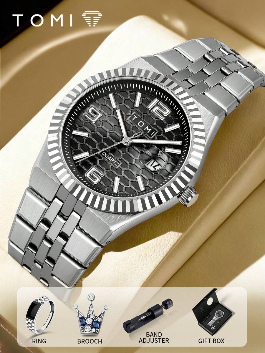 TOMI Men's Quartz Watch With Crown Brooch Ring, Stainless Steel Strap, Honeycomb Dial, Calendar, Suitable For Daily Life, Business Events, Father's Day, Valentine's Day, Christmas, Gift Set - Silver - View 1