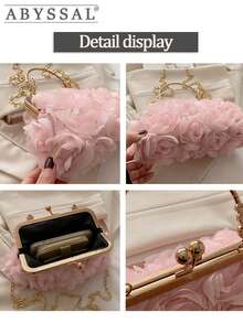 Vintage Elegant 3D Rose Evening Clutch With Chain, Satin Shell Purse For Wedding, Prom, Formal Events, Romantic Floral Embroidery Clutch Bag 2025, New Floral Chain Design Evening Bag, Fashion Clutch Handbag For Ladies, Shoulder/Crossbody Bag, Solid Color Chain Tote Bag [Floral Pattern Placement Random] 3D Rose Clutch Bag - Detachable Chain Shell Purse For Wedding & Party, Vintage Floral Embroidery Evening Bag In Pink, Black, White, Beige  Thanksgiving Accessory  Christmas Market Bag [US Local Warehouse] - Multicolor - View 5