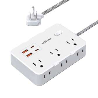 JcBlaon 带6个多功能插座的延长线 - 扁平插头电源条，带4个USB端口（2个USB-C），5英尺长编织线，可壁挂安装，适用于家庭宿舍等场所。