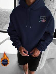 Zrgoth 男士连帽衫，新款秋冬街头风小熊及英文标语印花宽松袋鼠口袋套头卫衣 - 藏蓝色 - 查看 4