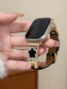 1条时尚女士真皮五叶形表带，适用于 | 金色点缀黑色表带，尺寸38/40/41/42/44/45/46/49毫米 | 兼容Ultra/SE/11/10/9/8/7/6/5/4/3/2/1系列 | 舒适耐用的智能手表配件，冬季佳礼 - 黑色 - 查看 10