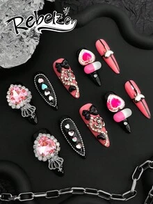 10 Pieces Acrylic Press On Nails, Beautiful Almond-Shaped Fake Nails, DIY, Nail Supplies,The Collision Of Rose-Red And White Tones, Enhanced By Sequins And Diamond Decorations, Presents A New Sweet Yet Cool And Eye-Catching Proposition,Suitable For Ladies To Use In Weddings, Parties, Holidays, Gift Nail Tools. - Multicolor - View 3