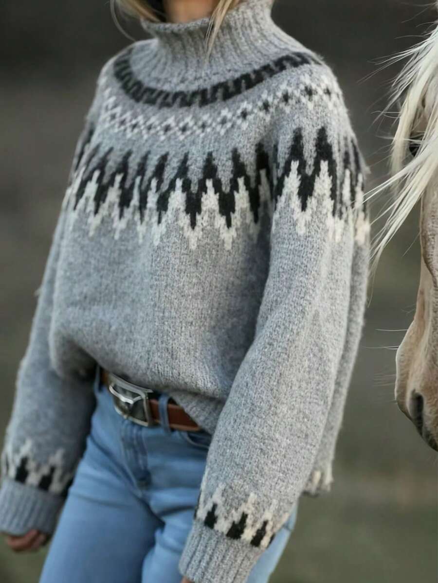 Minimalist Nordic Style Colorblock Ribbed Women Vacation Sweater, Autumn/Winter - Grey - View 1
