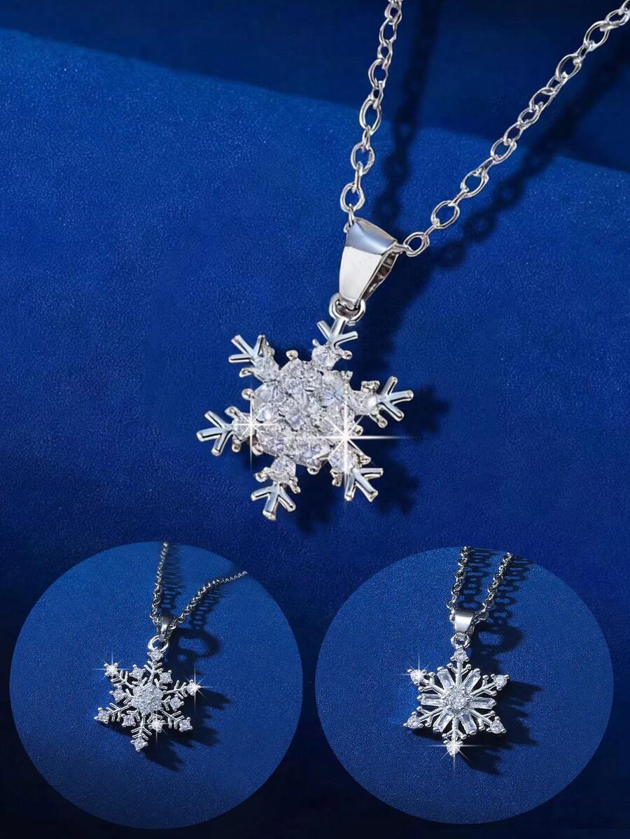 1 件时尚雪花吊坠项链，优雅百搭颈链，适合送给家人和朋友的圣诞礼物 - 銀色 - 查看 1