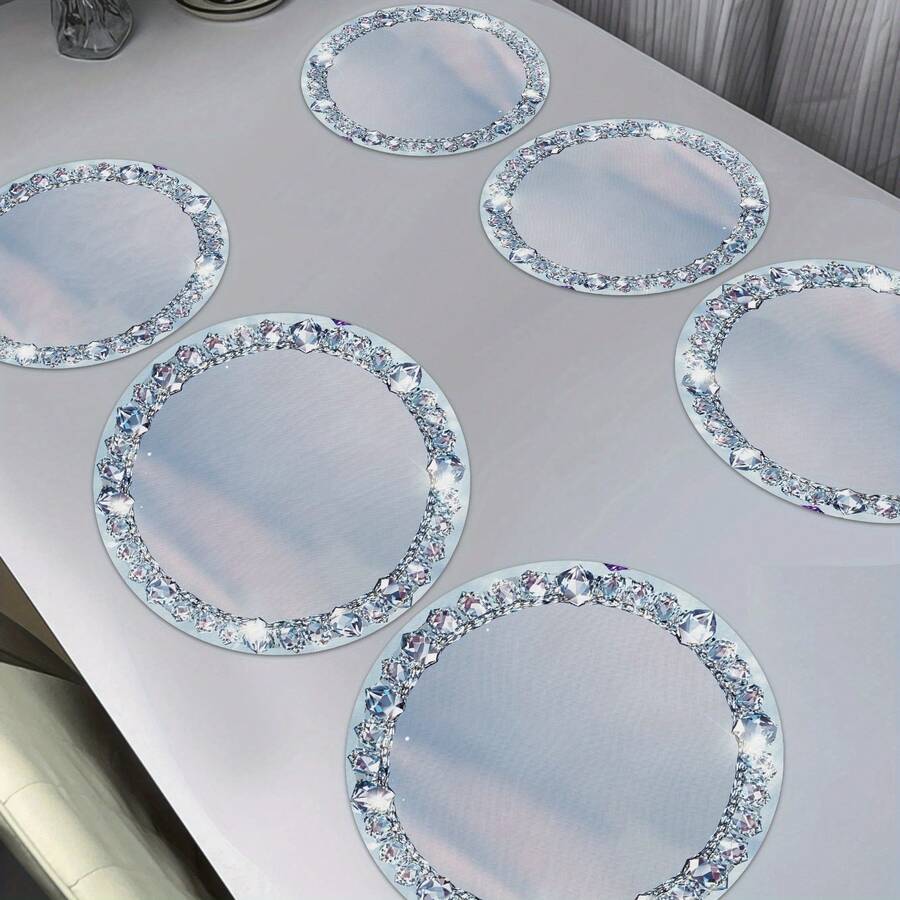 6 Pieces Elegant Silver Diamond Edge Placemats - 2D Printed Round Placemats For Home Decoration, Weddings, Parties, And Kitchen Table Decorations, Washable Polyester, 2D Flat - 6PC/Nhiều màu - Xem 1