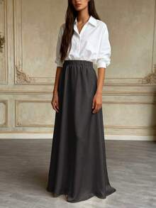 春夏休闲简约优雅女式高腰半裙时尚纯色泡泡袖裙子女士优雅A字缎面婚礼半裙 - 黑色 - 查看 2