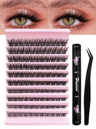 120 Pcs D Curl Fluffy Lash Extensions Kit Length 8-16mm Mixed Wispy Cluster Eyelash Extension Natural Look Individual Lashes Extensions Black Band Crossed Lashes Clusters DIY Lash Extension Set With Bond And Seal Tweezers For Parties And Daily Makeup
