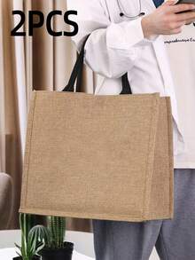 1 Stück große Kapazität modische Jute Aufbewahrungstasche, wiederverwendbare Segeltuch Tragetasche, handgefertigte Tasche, Handtasche, Einkaufstasche, Aufbewahrungstasche, Strandtasche, Reisetasche, Umhängetasche - Khaki - Übersicht 14