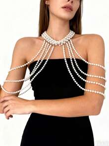 1pc Elegant White Faux Pearl Handmade Crochet Body Chain, Suitable For Women, Perfect For Parties, Fashion Shows And Gifts - 304 White - View 6
