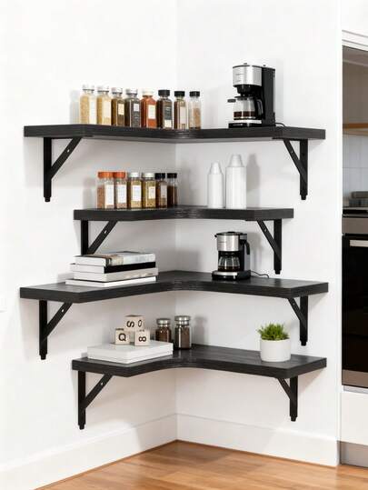 1pc Spacious Modern Minimalist Wooden And Metal Black Floating And Corner Kitchen Shelf, With Unique Bracket And Curved Design, Functional Storage For Spices And Cookware, Kitchen Wall Shelf And Corner Shelf, For Daily Cooking And Contemporary Kitchen Scenes