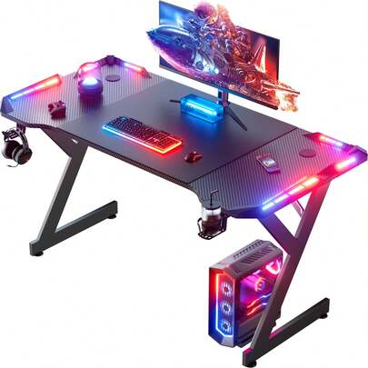 HLONONE LED Gaming Desk, Tavolo da gioco con LED, Tavolo PC stabile con rivestimento in fibra di carbonio, Tavolo da gioco con portabicchieri e gancio per cuffie, Nero