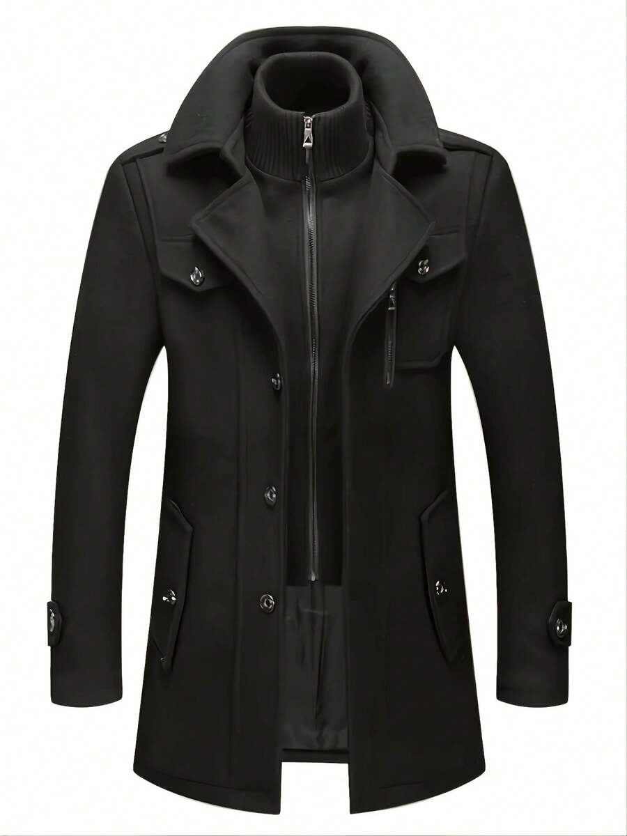 Men's Business Woolen Coat Fashion Double Collar Mid-Length Woolen Jacket For Autumn/ Winter - Black - View 1