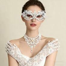 3pcs Vintage 1980s Style Masquerade Party Accessory Set, Including Polyester & Nylon Lace Eyemask, Metal Chain Necklace With Pendant, And Washable Lace Gloves , Elegant Party Outfit, Rave
