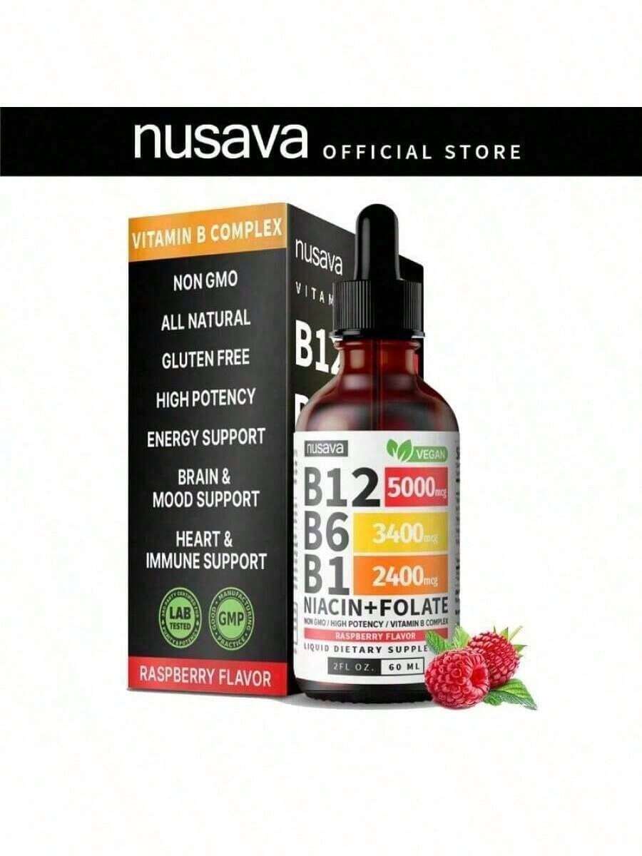 Vitamin B12 Raspberry Liquid Supplement Drops With B6, B1, Niacin & Folate - Edible Support For Energy, Brain & Heart, Non-GMO & Gluten-Free, 4 Fl Oz - 1 件裝 - 查看 1