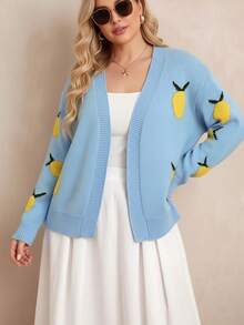 Plus-Size Women's Fall And Winter Fashionable V-Neck Long-Sleeve Knitted Cardigan, With Mango Jacquard Color-Blocking Design, Ideal For Sweet And Casual Daily Wear And School Outfits.