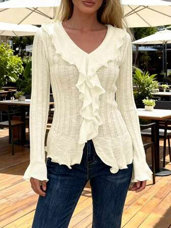 女士休闲优雅纯色V领波浪边喇叭袖套头针织性感毛衣荷叶边长款裹身宽松时尚抽绳开衫 - 韩版荷叶边修身衬衫，秋冬