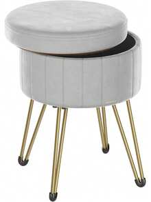 Storage Ottoman, Velvet Dressing Table Stool, 39 X 44.4 Cm (Dia. X H), Round Storage Stool Seat, 4 Metal Legs, For Dressing Room, Living Room, Bedroom, Grey - Grey - View 7