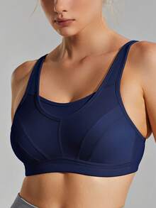 Wingslove 大码高强度运动文胸，女士款，无钢圈无衬垫全罩杯，宽肩带U型后背设计，透气舒适，适合跑步、健身房锻炼。 - 藏蓝色 - 查看 4