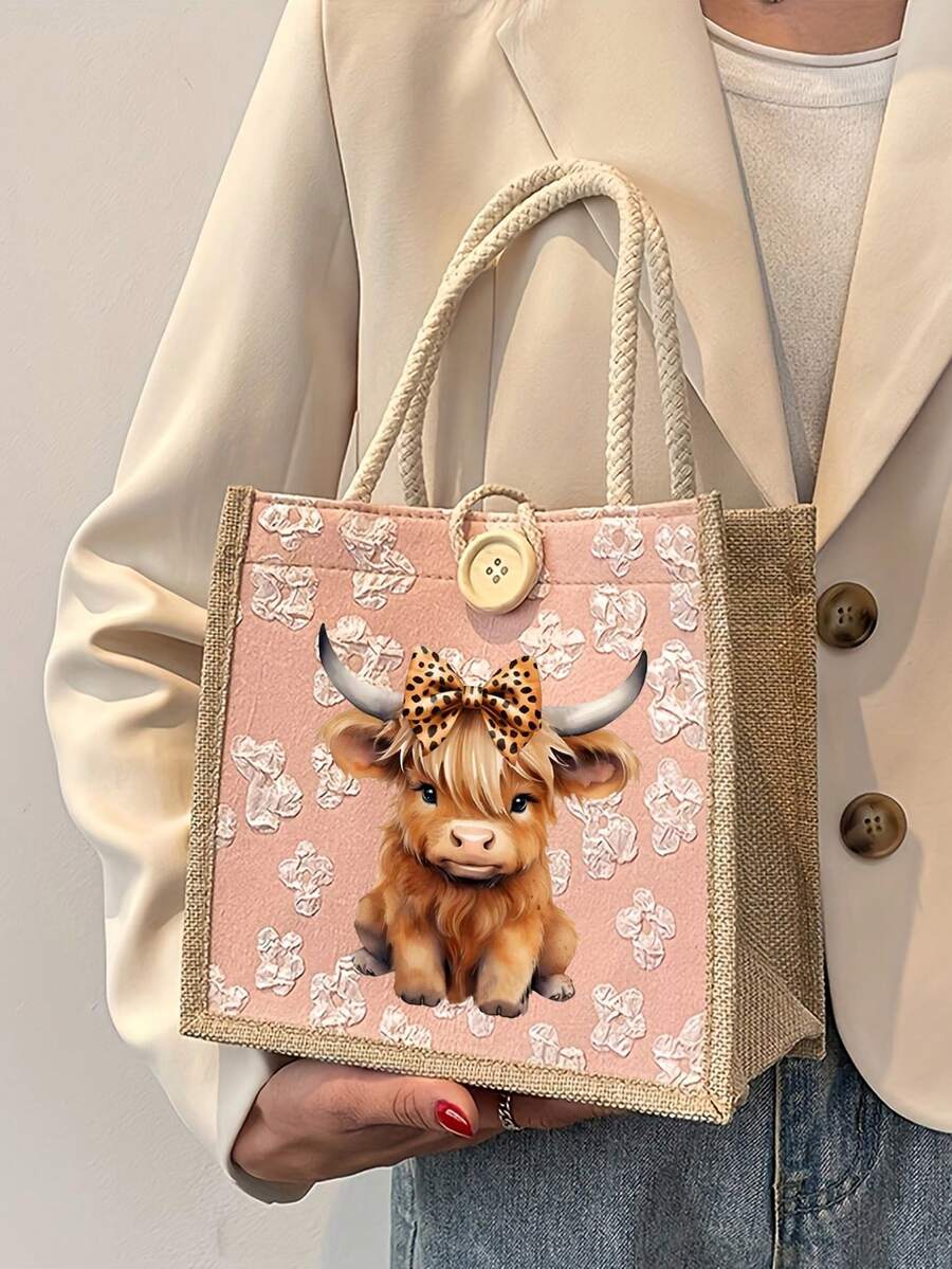 Charming Highland Cow Theme Printed Tote Bag,Multi-Functional Handbag, Linen Tote Bag,Large Capacity Handbag, Portable Shopping Bag,Suitable For School, University, Work, Business, Commuting, Outdoor, Travel, Holidays,Travel Bag Essential,Gifts For Family, Friends, And Colleagues - Multicolor - View 1