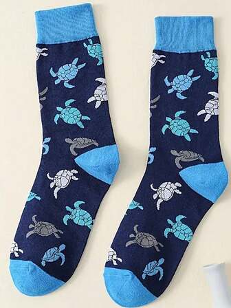 1 par de calcetines cómodos y suaves hasta el tobillo con estampado de tortuga para mujer, de moda y versátiles para uso diario