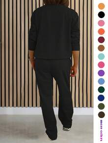 Bộ đồ nữ màu trơn 2 mảnh: Áo hoodie dài tay cổ kéo khóa nửa thân và quần ống đứng xẻ tà có dây rút, màu đen, thích hợp cho mùa xuân. - màu đen - Xem 2