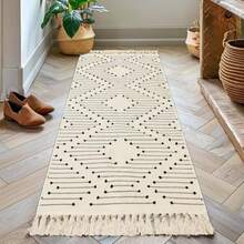 Tritard - Alfombra bohemia para pasillo de 2 x 6 pulgadas lavable con borla alfombra ligera tejida de algodón azteca para interiores de pelo bajo para entrada lavandería baño crema beige - Beige1 - Ver 3