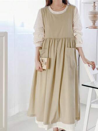 1pc Solid Color Apron, Korean Style Linen Plus Size, Front & Back Split Tie Closure, Suitable For Home/Kitchen Baking/Restaurant Cafe Florist And Other Workplaces