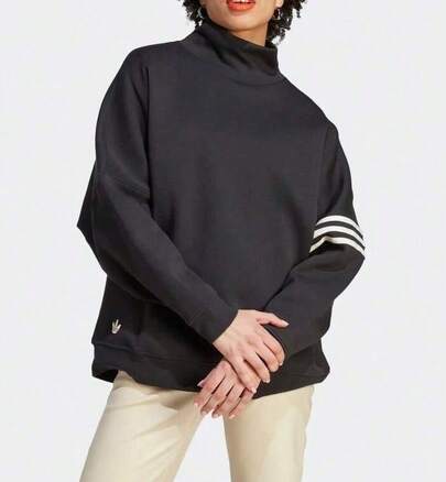  adidas originals三葉草 Adicolor Neuclassics Sweater 三條紋拼色高領寬鬆運動長袖衛衣CY 女款 黑色