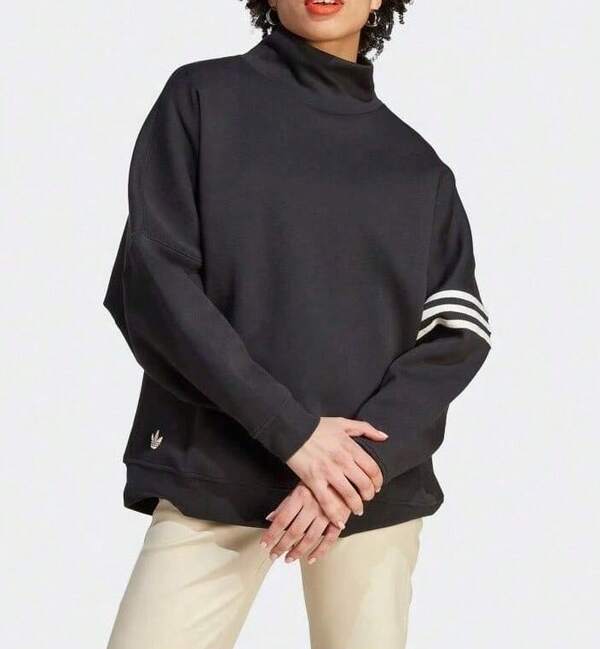  adidas originals三葉草 Adicolor Neuclassics Sweater 三條紋拼色高領寬鬆運動長袖衛衣CY 女款 黑色
