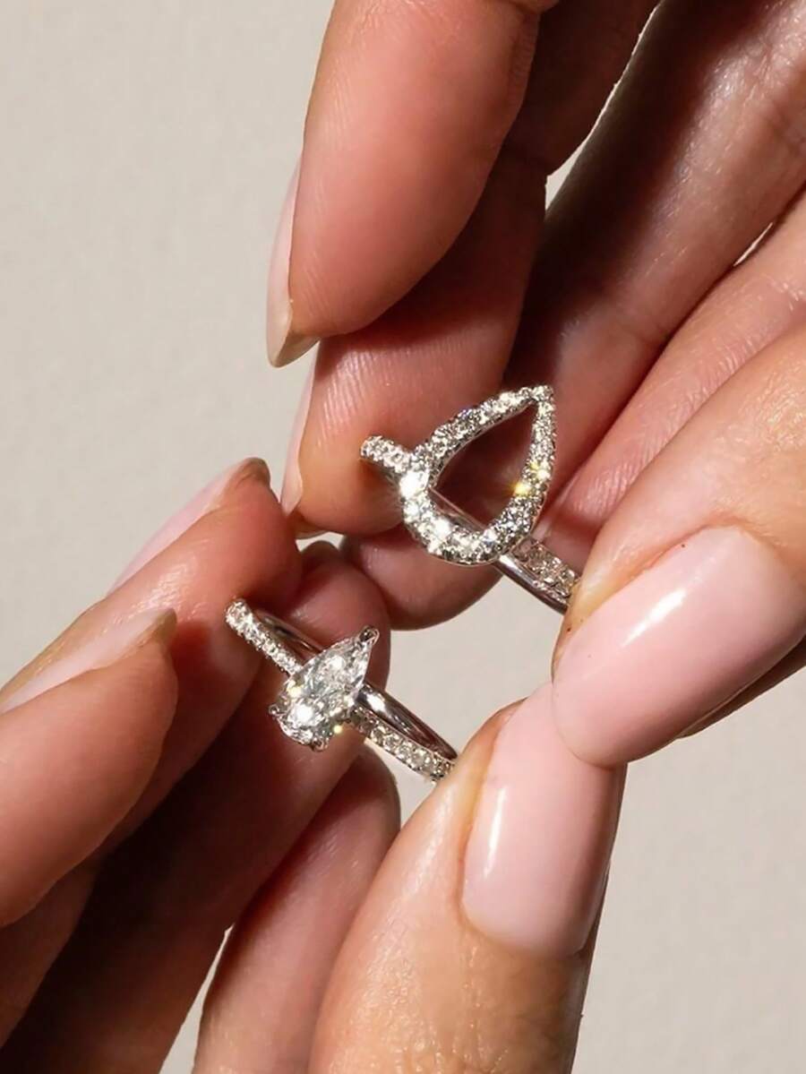 2pcs Set S925 Sterling Silver Water Drop Rings Set Elegant For Women Dating Party Ring Anniversary Occasion Exquisite Women's Jewelry Gift