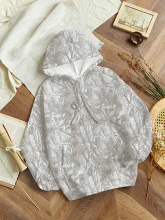 1 pieza Sudadera con capucha de manga larga para mujer, ropa deportiva casual con ajuste ceñido y estampado de ramas, diseño minimalista, versátil y gruesa, adecuada para Halloween, deportes al aire libre, casual, correr, fitness