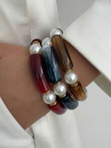 3 件装复古亚克力竹珠堆叠手链，简约时尚女士弹性袖口手链，适合日常佩戴、派对和度假，装饰首饰套装 - 3件套手鍊 - 查看 13