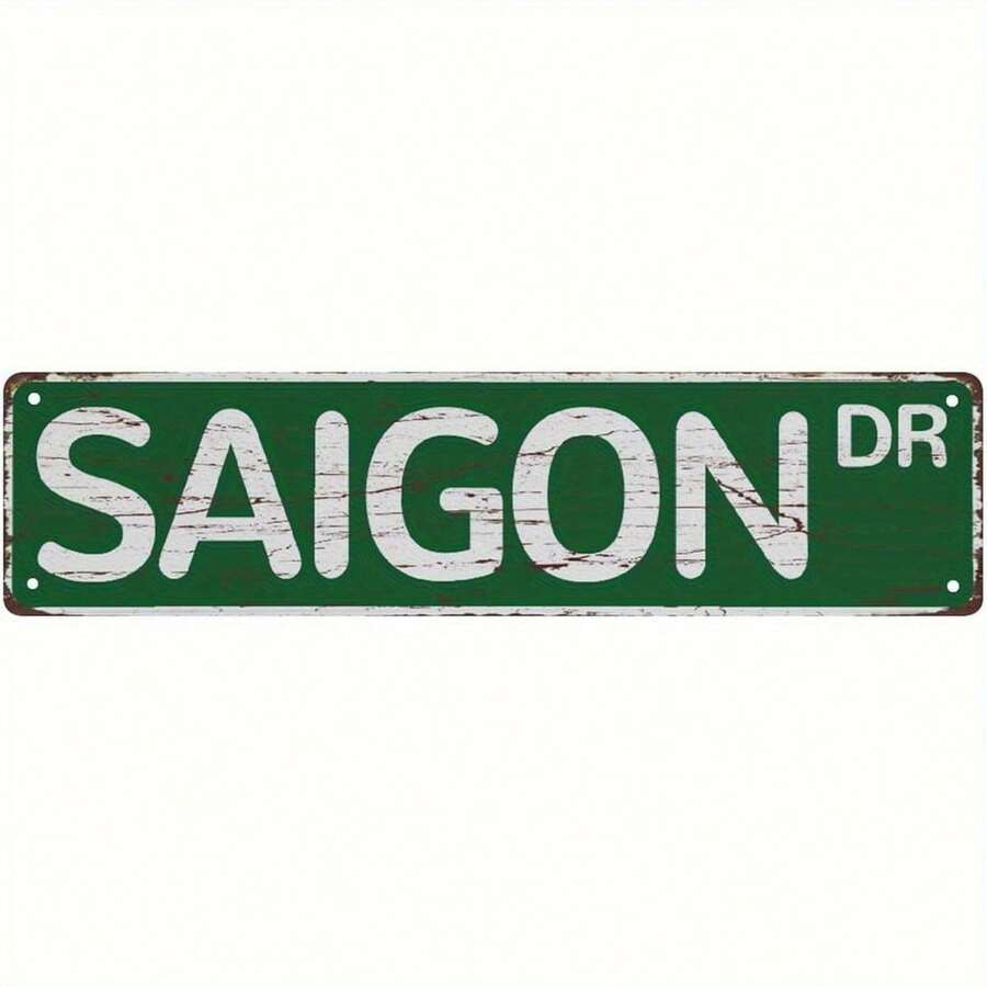 Vintage Saigon Metal Tin Sign - Retro Vietnamese Nameplate Design In Green & White - Heavy-Duty Aluminum Garage, Bar, For Man Cave, Home Decor - Easy Hang Pre-Drilled Corners - No Wiring Needed - 4x16 Inch, Vintage Metal Tin Sign, Bar Decoration, Distressed Design - 金屬畫 - 查看 1