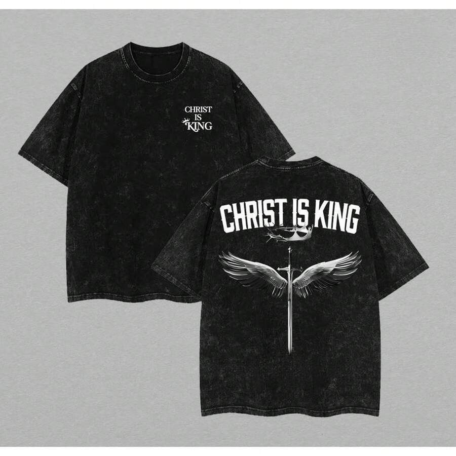Christ Is King Christian Washed T-Shirt, Jesus T-Shirt, Jesus Tee, Easter Tee, Christian Apparel Streetwear Gym Menswear Oversized Top Men Or Women Fashion Design Soft Fabric Loose Hip Hop Unisex Retro Street Style - 黑色 - 查看 1