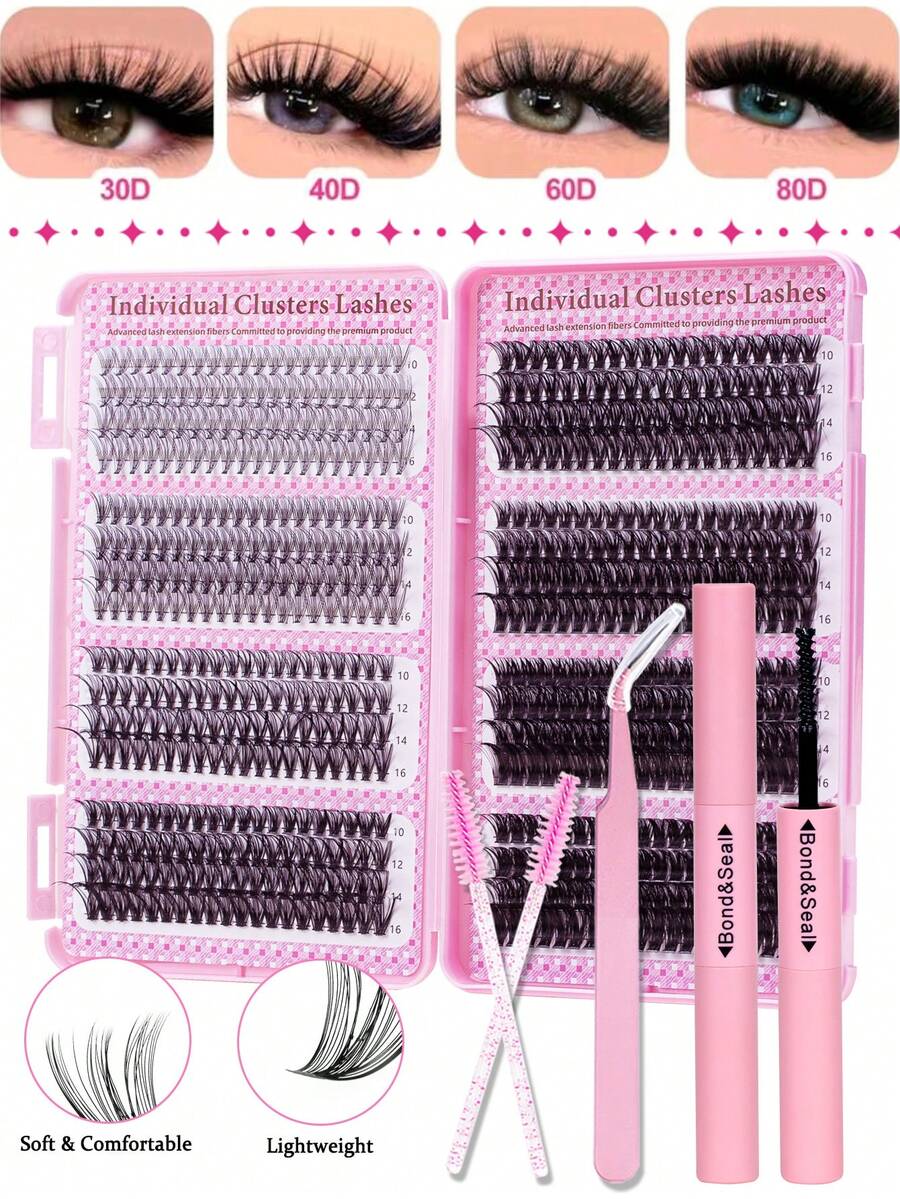 640pcs D-Curl Eyelash Extension Kit, 10D, 20D, 30D, 40D, 50D, 60D, 80D, 10D Lash Clusters, 9-16mm Mixed Individual Lashes, Includes Lash Glue, Sealant, Brush And Tweezers, DIY Eyelash Makeup - Black - View 1