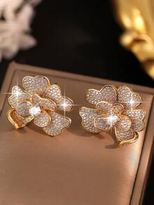 jealous young 1pair Glamorous Big Leaf Flower CZ Women Cubic Zirconia Golden Plated Dangle Earrings For Women Festivals Wedding Engagement Anniversary Party Jewelry Gift - Yellow Gold - View 5