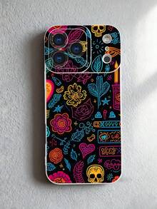 1 pieza Funda de teléfono con diseño de elementos del Día de Muertos en estilo neón sobre fondo oscuro, incluye calaveras, cactus, flores y velas, ideal para amantes de la cultura mexicana y el arte vibrante, protección elevada para lente con diseño de ojo de cámara, resistente a golpes, compatible con iPhone 17 Pro Max/16/15/14/13/12/11/Plus/Pro/Pro Max, compatible con Galaxy A34/A35/A54/A55, Galaxy S20/S21/S22/S23/S24/S25 Ultra/Plus, compatible con Galaxy/Redmi/Honor/OPPO/ViVo - Blanco - Ver 6