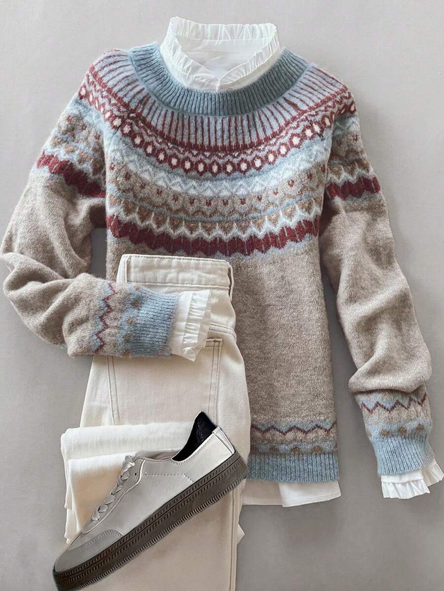 Women's Autumn/Winter Fashionable & Comfortable Geometric Fairisle Pattern Crew Neck Loose Fit Knit Pullover Sweater - Khaki - View 1