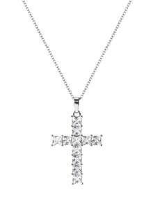 1pc Pink Cross Pendant Necklace Women Men Couple Fashion Zirconia Gold Plated Necklace Party Music Festival Hip Hop Jewelry Gift For Girlfriend Lover